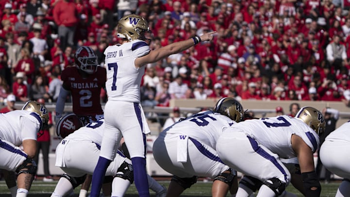 Oct 26, 2024; Bloomington, Indiana, USA; Washington Huskies quarterback Will Rogers (7) prepares to snap the ball during the first quarter agains the Indiana Hoosiers at Memorial Stadium. Mandatory Credit: Jacob Musselman-Imagn Images