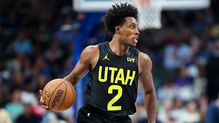 Oct 10, 2024; Dallas, Texas, USA;  Utah Jazz guard Collin Sexton (2) dribbles during the second half against the Dallas Mavericks at American Airlines Center. Mandatory Credit: Kevin Jairaj-Imagn Images