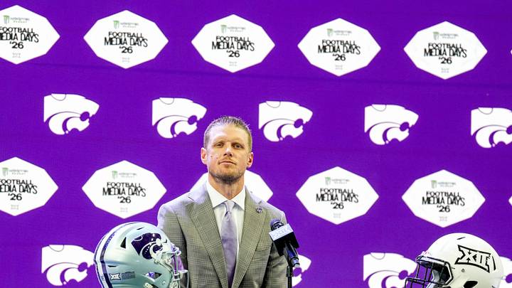 Jul 8, 2026; Frisco, TX, USA; Kansas State head coach Collin Klein speaks to reporters during Big 12 Conference Football Media Days at The Star. Mandatory Credit: Raymond Carlin III-Imagn Images Jul 8, 2026; Frisco, TX, USA; Kansas State head coach Collin Klein speaks to reporters during Big 12 Conference Football Media Days at The Star. Mandatory Credit: Raymond Carlin III-Imagn Images