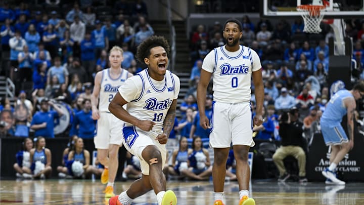 Mar 10, 2024; St. Louis, MO, USA;  Drake Bulldogs guard Atin Wright (10) reacts after making a three