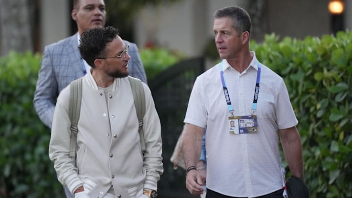 Miami Dolphins head coach Mike McDaniel, left, and Baltimore Ravens head coach John Harbaugh attend the NFL Annual League Meeting at The Breakers.