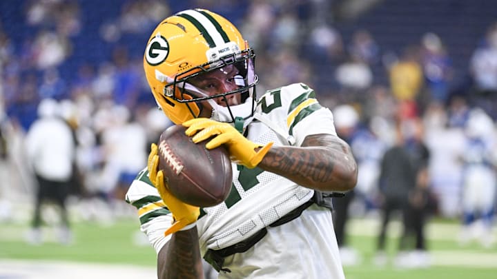 Green Bay Packers wide receiver Matthew Golden (22) catches a pass during warmups prior to the game against the Indianapolis Colts at Lucas Oil Stadium. Green Bay Packers wide receiver Matthew Golden (22) catches a pass during warmups prior to the game against the Indianapolis Colts at Lucas Oil Stadium.