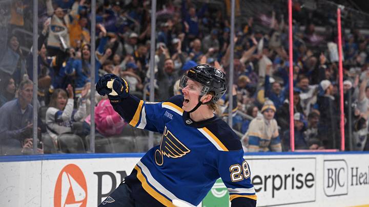 Apr 13, 2026; St. Louis, Missouri, USA; St. Louis Blues center Otto Stenberg (28) celebrates after scoring against the Minnesota Wild in the second period at Enterprise Center. Mandatory Credit: Joe Puetz-Imagn Images