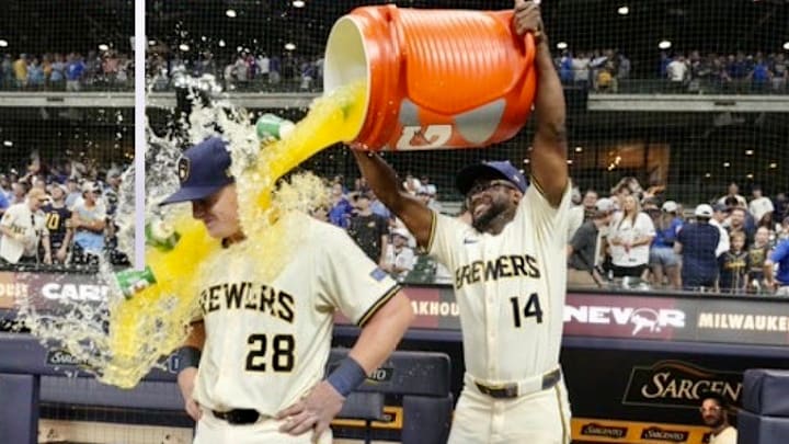Andrew Vaughn gets a Gatorade shower from teammate Andruw Monasterio after a July 29 win over the Chicago Cubs in which Vaughn hit a grand slam