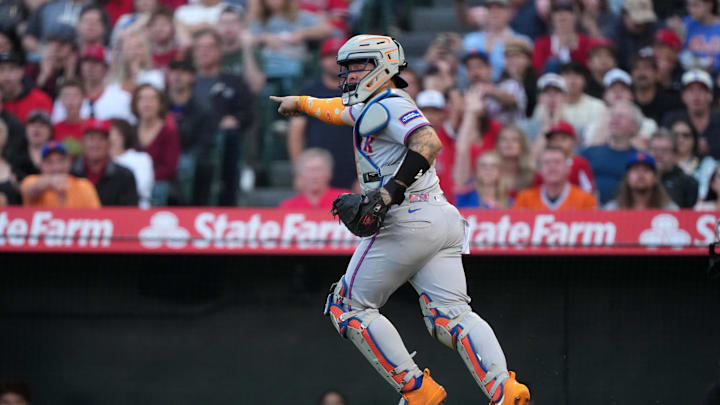 May 2, 2026; Anaheim, California, USA; New York Mets catcher Francisco Alvarez (4) gestures in the first inning against the Los Angeles Angels at Angel Stadium. Mandatory Credit: Kirby Lee-Imagn Images