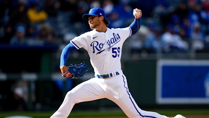 Apr 7, 2022; Kansas City, Missouri, USA; Kansas City Royals relief pitcher Jake Brentz (59) pitches during the seventh inning against the Cleveland Guardians at Kauffman Stadium.