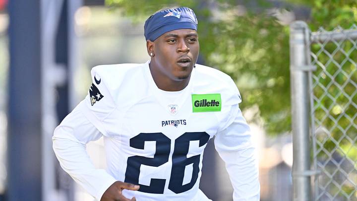 Jul 23, 2025; Foxborough, MA, USA; New England Patriots running back Terrell Jennings (26) walks to the practice field for training camp at Gillette Stadium. Mandatory Credit: Eric Canha-Imagn Images