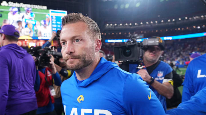 Jan 13, 2025; Glendale, AZ, USA; Los Angeles Rams head coach Sean McVay after the NFC wild card game against the Minnesota Vikings at State Farm Stadium. Mandatory Credit: Joe Camporeale-Imagn Images