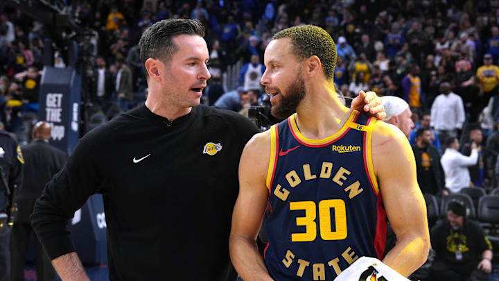 Jan 25, 2025; Los Angeles Lakers head coach JJ Redick and Golden State Warriors guard Steph Curry talk after the game.