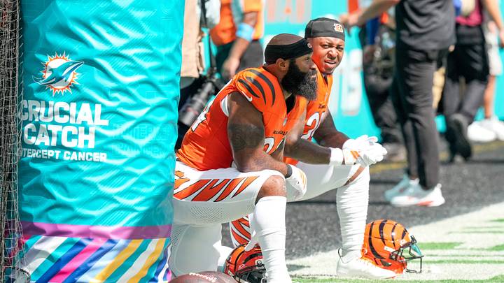 Cincinnati Bengals running back Samaje Perine (34) and running back Tahj Brooks (25) sit between session during warmups before the first quarter of the NFL Week 5 game between the Miami Dolphins and the Cincinnati Bengals at Hard Rock Stadium in Miami Gardens, Florida, on Sunday, Oct. 11, 2026. Cincinnati Bengals running back Samaje Perine (34) and running back Tahj Brooks (25) sit between session during warmups before the first quarter of the NFL Week 5 game between the Miami Dolphins and the Cincinnati Bengals at Hard Rock Stadium in Miami Gardens, Florida, on Sunday, Oct. 11, 2026.