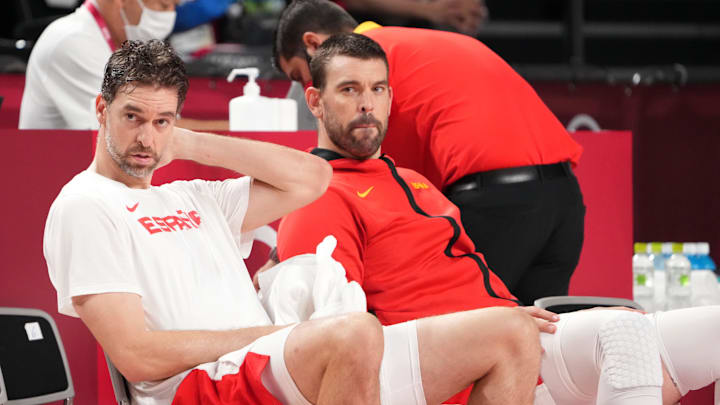 Aug 3, 2021; Saitama, Japan; Spain player Pau Gasol (4), left, and Spain player Marc Gasol (13),