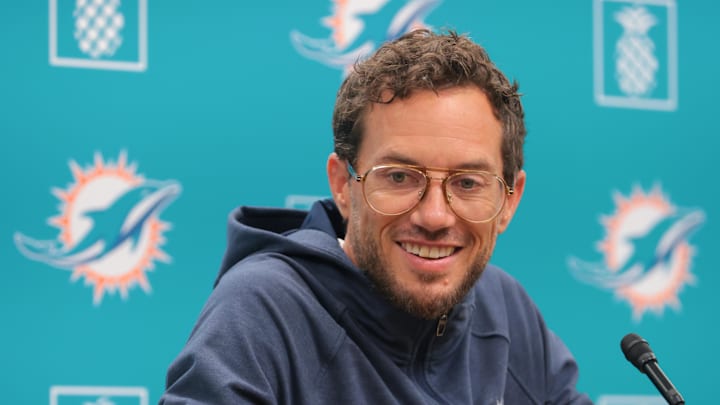 Miami Dolphins head coach Mike McDaniel speaks to reporters during training camp at Baptist Health Training Complex.