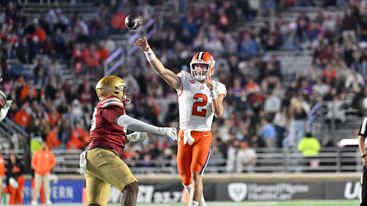 Oct 11, 2025; Chestnut Hill, Massachusetts, USA; Clemson Tigers quarterback Cade Klubnik (2) throws for a Boston College Eagles interception during the second half at Alumni Stadium. Mandatory Credit: Eric Canha-Imagn Images