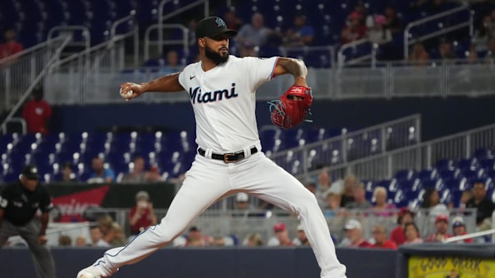 Aug 3, 2022; Miami, Florida, USA; Miami Marlins starting pitcher Sandy Alcantara (22) delivers a