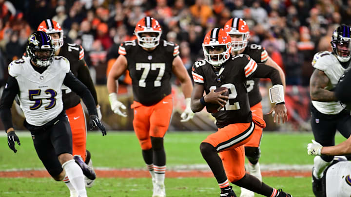 Nov 16, 2025; Cleveland, Ohio, USA; Cleveland Browns quarterback Shedeur Sanders (12) runs for a gain during the fourth quarter against the Baltimore Ravens at Huntington Bank Field. Mandatory Credit: Ken Blaze-Imagn Images