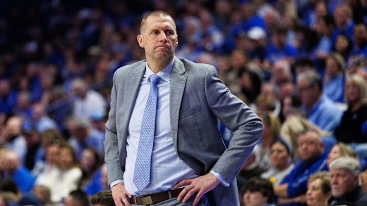 Nov 14, 2025; Lexington, Kentucky, USA; Kentucky Wildcats head coach Mark Pope looks down the sideline during the first half against the Eastern Illinois Panthers at Rupp Arena at Central Bank Center. Mandatory Credit: Jordan Prather-Imagn Images