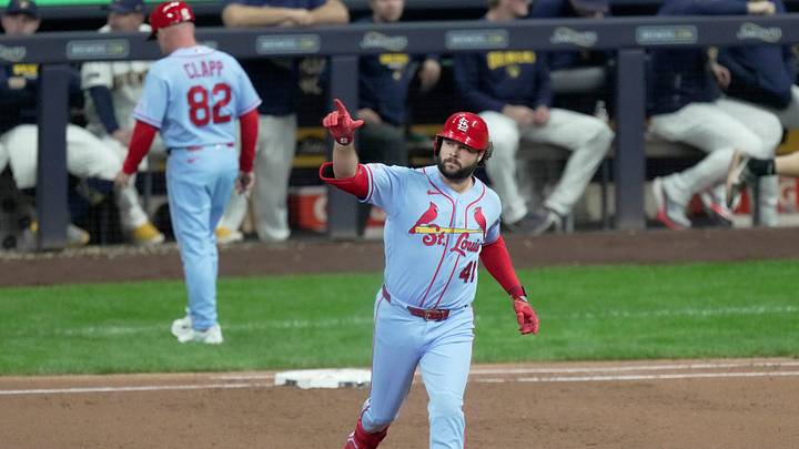 St. Louis Cardinals first baseman Alec Burleson (41) circles the bases after hitting a solo homer run during the third inning of their game against the Milwaukee Brewers Saturday, September 26, 2026 at American Family Field in Milwaukee, Wisconsin.