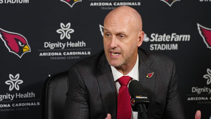 Cardinals general manager Monti Ossenfort speaks about Walter Nolen during a news conference inside the Arizona Cardinals training facility on April 24, 2025, in Tempe.