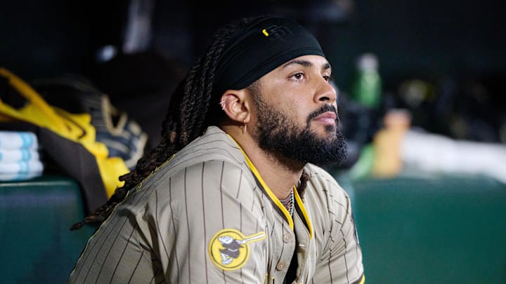Aug 12, 2025; San Francisco, California, USA; San Diego Padres outfielder Fernando Tatis Jr. (23) sits on the bench during the sixth inning against the San Francisco Giants at Oracle Park. Mandatory Credit: Robert Edwards-Imagn Images Aug 12, 2025; San Francisco, California, USA; San Diego Padres outfielder Fernando Tatis Jr. (23) sits on the bench during the sixth inning against the San Francisco Giants at Oracle Park. Mandatory Credit: Robert Edwards-Imagn Images