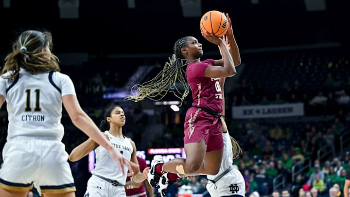 Jan 26, 2023; South Bend, Indiana, USA; Florida State Seminoles guard Ta'Niya Latson (00) goes up for a shot in the first half against the Notre Dame Fighting Irish at the Purcell Pavilion.