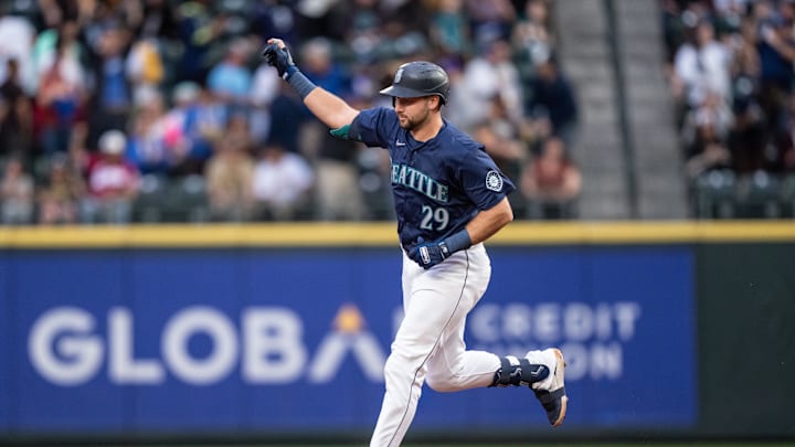 Seattle Mariners catcher Cal Raleigh (29) rounds the bases after hitting a solo home run during the first inning against the San Diego Padres at T-Mobile Park on Sept 10.