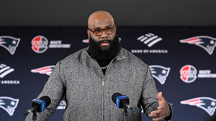 Mar 13, 2025; Foxborough, MA, USA; New England Patriots offensive tackle Morgan Moses discusses his recent free agent addition to the Patriots with the media at Gillette Stadium. Mandatory Credit: Eric Canha-Imagn Images