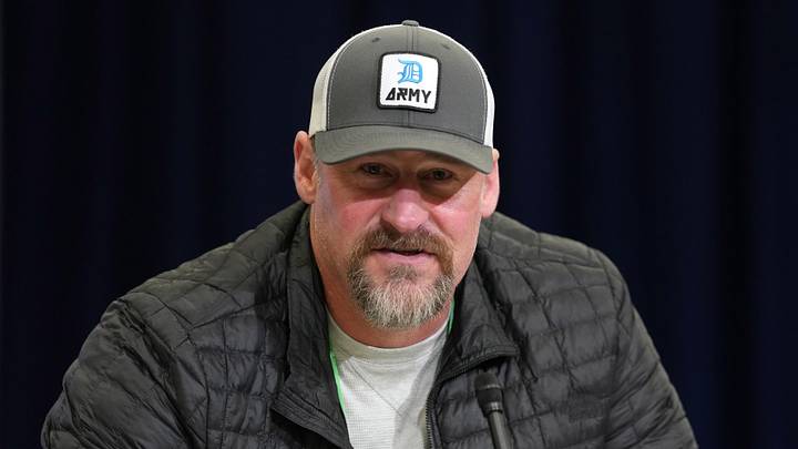 Feb 24, 2026; Indianapolis, IN, USA; Detroit Lions coach Dan Campbell speaks at the NFL Scouting Combine at the Indiana Convention Center. Mandatory Credit: Kirby Lee-Imagn Images