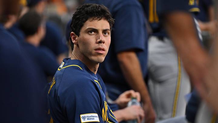 Sep 18, 2026; Baltimore, Maryland, USA; Milwaukee Brewers designated hitter Christian Yelich (22) waits in the dugout for the start of a game against the Baltimore Orioles at Oriole Park at Camden Yards. Mandatory Credit: Jamie Sabau-Imagn Images Sep 18, 2026; Baltimore, Maryland, USA; Milwaukee Brewers designated hitter Christian Yelich (22) waits in the dugout for the start of a game against the Baltimore Orioles at Oriole Park at Camden Yards. Mandatory Credit: Jamie Sabau-Imagn Images