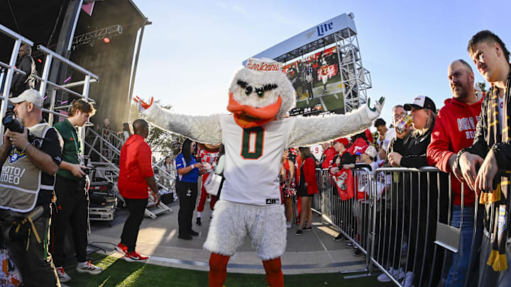 Dec 31, 2025; Arlington, TX, USA; The Miami Hurricanes mascot dances before the 2025 Cotton Bowl and quarterfinal game of the College Football Playoff at AT&T Stadium. Mandatory Credit: Jerome Miron-Imagn Images