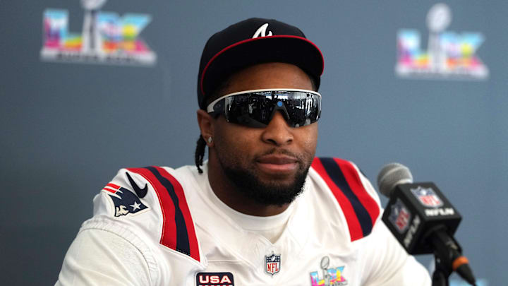Feb 5, 2026; Santa Clara, CA, USA; New England Patriots linebacker Anfernee Jennings (33) talks to media members at the Santa Clara Marriott. 