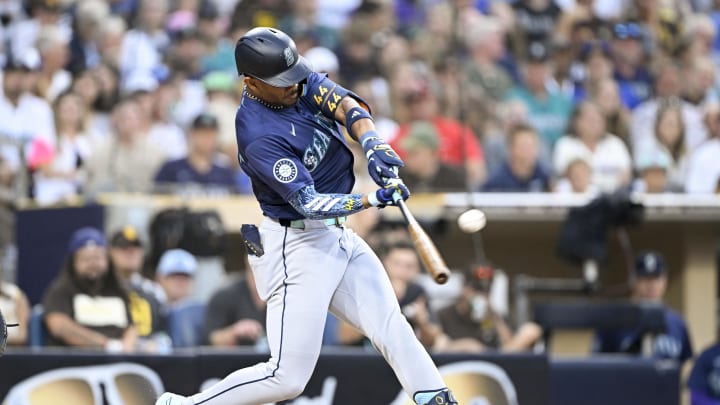 Seattle Mariners center fielder Julio Rodriguez (44) hits a solo home run during the fifth inning against the San Diego Padres at Petco Park on June 9. Seattle Mariners center fielder Julio Rodriguez (44) hits a solo home run during the fifth inning against the San Diego Padres at Petco Park on June 9.