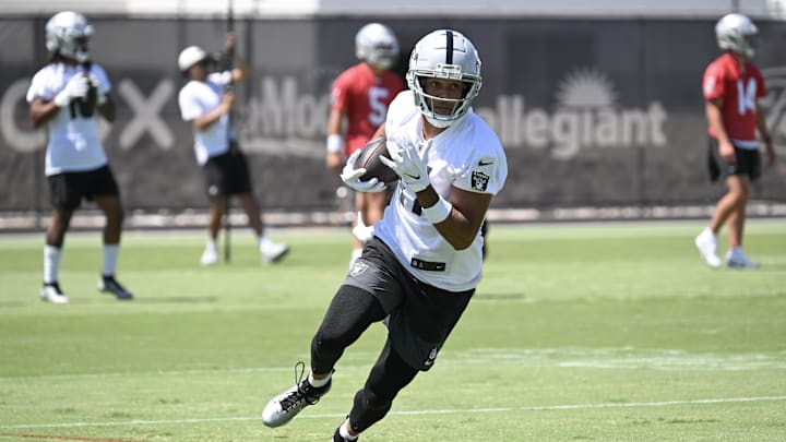 Jun 11, 2025; Henderson, NV, USA; Las Vegas Raiders wide receiver Collin Johnson (17) runs through a drill during Las Vegas Raiders Minicamp at Intermountain Health Performance Center. Mandatory Credit: Candice Ward-Imagn Images