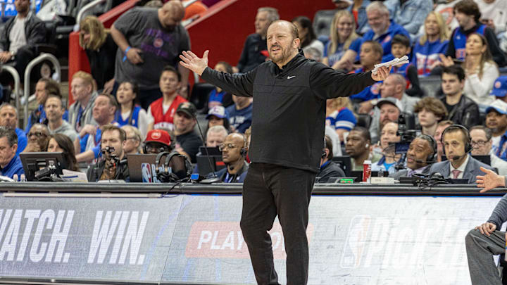 Apr 27, 2025; Detroit, Michigan, USA; New York Knicks Tom Thibodeau Head Coach questions a call during the second quarter of game four of first round for the 2025 NBA Playoffs against the Detroit Pistons at Little Caesars Arena. Mandatory Credit: David Reginek-Imagn Images