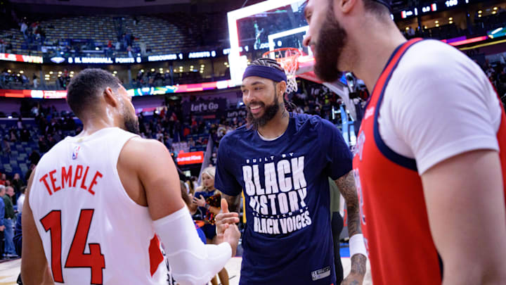 Feb 5, 2024; New Orleans, Louisiana, USA; New Orleans Pelicans forward Brandon Ingram greets Toronto Raptors forward Garrett Temple (14) a former New Orleans Pelicans after the Pelicans won the game at Smoothie King Center. Mandatory Credit: Matthew Hinton-Imagn Images Feb 5, 2024; New Orleans, Louisiana, USA; New Orleans Pelicans forward Brandon Ingram greets Toronto Raptors forward Garrett Temple (14) a former New Orleans Pelicans after the Pelicans won the game at Smoothie King Center. Mandatory Credit: Matthew Hinton-Imagn Images