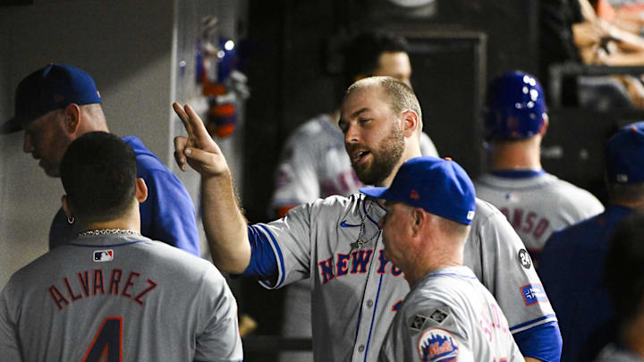 Aug 30, 2024; Chicago, Illinois, USA; New York Mets pitcher Tylor Megill (38) talks with catcher Francisco Alvarez (4) during the seventh inning against the Chicago White Sox at Guaranteed Rate Field. Mandatory Credit: Matt Marton-Imagn Images Aug 30, 2024; Chicago, Illinois, USA; New York Mets pitcher Tylor Megill (38) talks with catcher Francisco Alvarez (4) during the seventh inning against the Chicago White Sox at Guaranteed Rate Field. Mandatory Credit: Matt Marton-Imagn Images