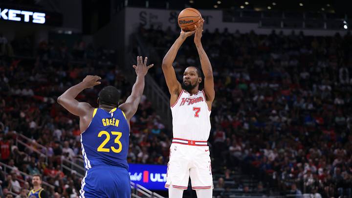 Mar 5, 2026; Houston, Texas, USA; Houston Rockets forward Kevin Durant (7) shoots the ball as Golden State Warriors forward Draymond Green (23) defends during the third quarter at Toyota Center. Mandatory Credit: Troy Taormina-Imagn Images Mar 5, 2026; Houston, Texas, USA; Houston Rockets forward Kevin Durant (7) shoots the ball as Golden State Warriors forward Draymond Green (23) defends during the third quarter at Toyota Center. Mandatory Credit: Troy Taormina-Imagn Images