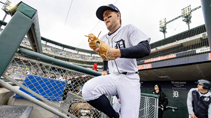 Apr 26, 2025; Detroit, Michigan, USA; Detroit Tigers third base Jace Jung (17) takes the field to start the game against the Baltimore Orioles during game one of a double header at Comerica Park. Mandatory Credit: David Reginek-Imagn Images