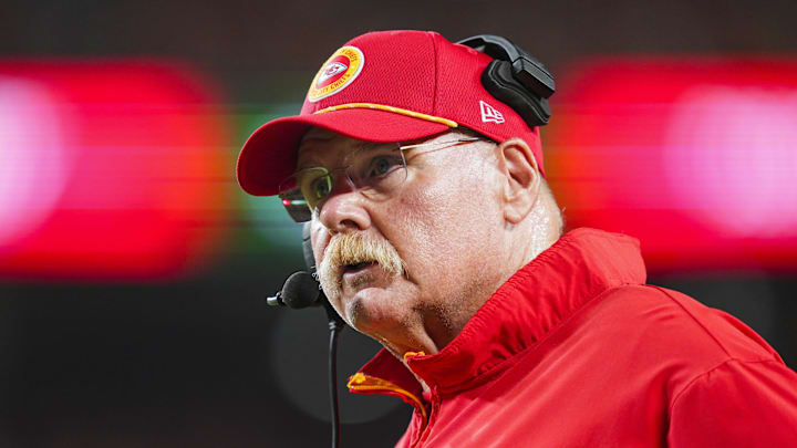 Sep 5, 2024; Kansas City, Missouri, USA; Kansas City Chiefs head coach Andy Reid reacts during the first half against the Baltimore Ravens at GEHA Field at Arrowhead Stadium. Mandatory Credit: Jay Biggerstaff-Imagn Images