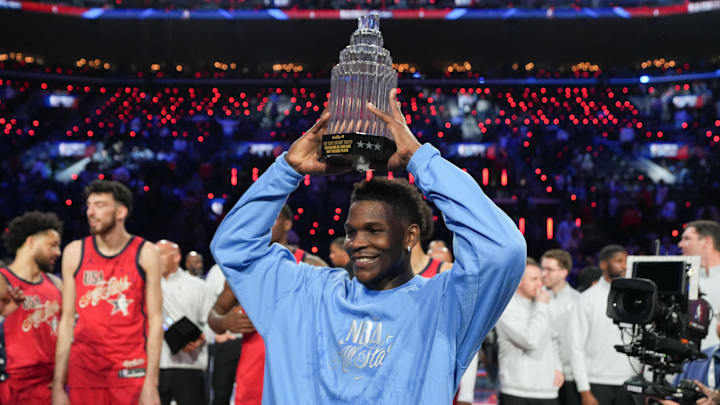 Feb 15, 2026; Inglewood, California, USA; Team USA Stars guard Anthony Edwards (5) of the Minnesota Timberwolves poses with the MVP trophy after the 75th NBA All Star Game at Intuit Dome. Mandatory Credit: Kirby Lee-Imagn Images Feb 15, 2026; Inglewood, California, USA; Team USA Stars guard Anthony Edwards (5) of the Minnesota Timberwolves poses with the MVP trophy after the 75th NBA All Star Game at Intuit Dome. Mandatory Credit: Kirby Lee-Imagn Images