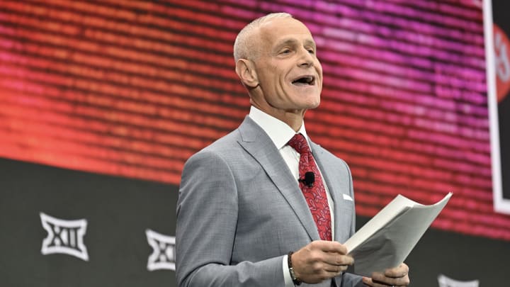 Jul 9, 2024; Las Vegas, NV, USA; Big 12 Conference commissioner Brett Yormark speaks to the media during the Big 12 Media Days at Allegiant Stadium. Jul 9, 2024; Las Vegas, NV, USA; Big 12 Conference commissioner Brett Yormark speaks to the media during the Big 12 Media Days at Allegiant Stadium.