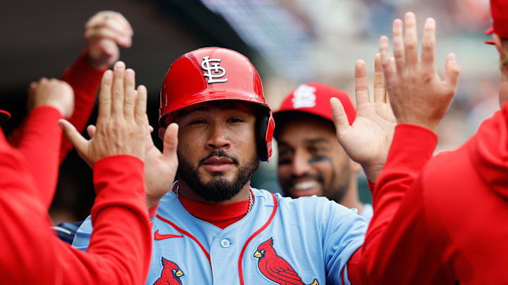 Apr 4, 2026; Detroit, Michigan, USA;  St. Louis Cardinals catcher Ivan Herrera (48) receives congratulations from teammates after scoring in the third inning against the Detroit Tigers at Comerica Park. Mandatory Credit: Rick Osentoski-Imagn Images