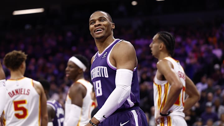 Nov 12, 2025; Sacramento, California, USA; Sacramento Kings guard Russell Westbrook (18) looks to the Atlanta Hawks bench after a play during the third quarter at Golden 1 Center.