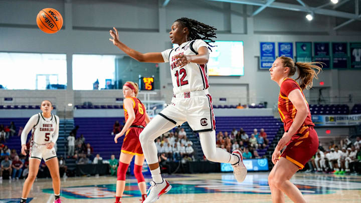 South Carolina Gamecocks guard MiLaysia Fulwiley (12) passes the ball during the first quarter of a Fort Myers Tip-Off Island Division game against the Iowa State Cyclones at Suncoast Credit Union Arena in Fort Myers, Fla., on Thursday, Nov. 28, 2024.