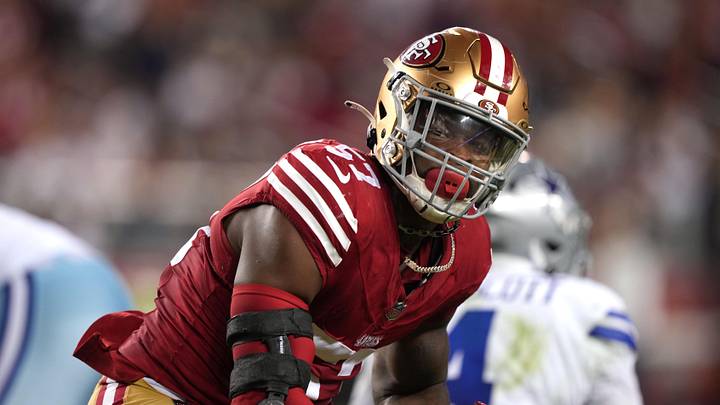 Oct 8, 2023; Santa Clara, California, USA; San Francisco 49ers linebacker Dre Greenlaw (57) reacts after a sack against the Dallas Cowboys during the second quarter at Levi's Stadium. Mandatory Credit: Darren Yamashita-Imagn Images