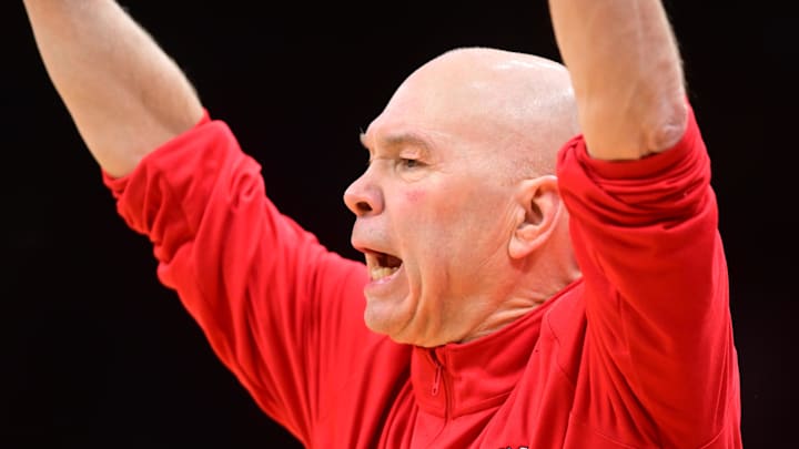 Mar 23, 2025; Cleveland, OH, USA; St. Mary's Gaels head coach Randy Bennett reacts in the first half against the Alabama Crimson Tide during the NCAA Tournament Second Round at Rocket Arena. Mandatory Credit: Ken Blaze-Imagn Images