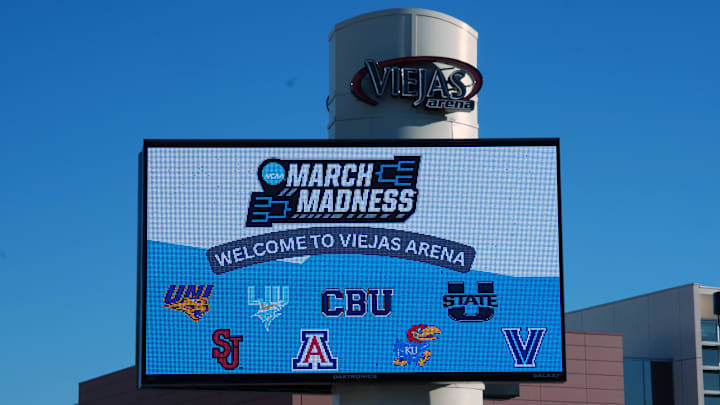 Mar 19, 2026; San Diego, CA, USA; The March Madness logo and logos of UNI, LIU, Cal Baptist, St. John's, Utah State, Arizona, Kansas and Villanova on the Viejas Arena marquee sign ahead of the first round of the men's 2026 NCAA Tournament Mandatory Credit: Kirby Lee-Imagn Images