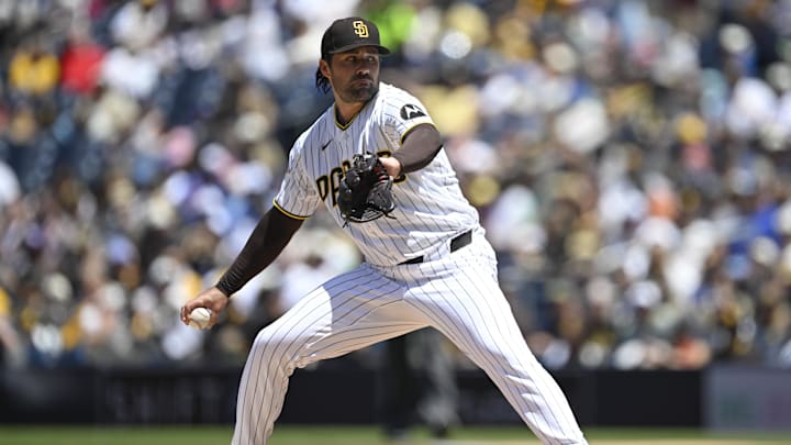 Apr 29, 2026; San Diego, California, USA; San Diego Padres starting pitcher Matt Waldron (61) delivers a pitch during the first inning against the Chicago Cubs at Petco Park. Mandatory Credit: Denis Poroy-Imagn Images