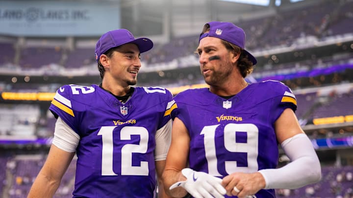 Sep 21, 2025; Minneapolis, Minnesota, USA; Minnesota Vikings quarterback Max Brosmer (12) and wide receiver Adam Thielen (19) following the game against the Cincinnati Bengals at U.S. Bank Stadium. Mandatory Credit: Brad Rempel-Imagn Images