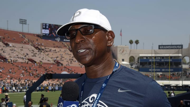 Aug 18, 2018; Los Angeles, CA, USA; Los Angeles Rams  former running back Eric Dickerson attends a preseason game against the Oakland Raiders at Los Angeles Memorial Coliseum. Mandatory Credit: Kirby Lee-Imagn Images