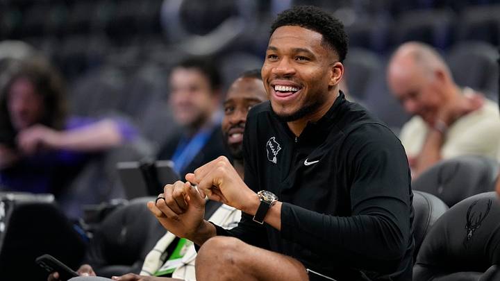 Apr 10, 2026; Milwaukee, Wisconsin, USA; Milwaukee Bucks forward Giannis Antetokounmpo enjoys a moment during warmups prior to the game against the Brooklyn Nets at Fiserv Forum. Mandatory Credit: Jeff Hanisch-Imagn Images Apr 10, 2026; Milwaukee, Wisconsin, USA; Milwaukee Bucks forward Giannis Antetokounmpo enjoys a moment during warmups prior to the game against the Brooklyn Nets at Fiserv Forum. Mandatory Credit: Jeff Hanisch-Imagn Images